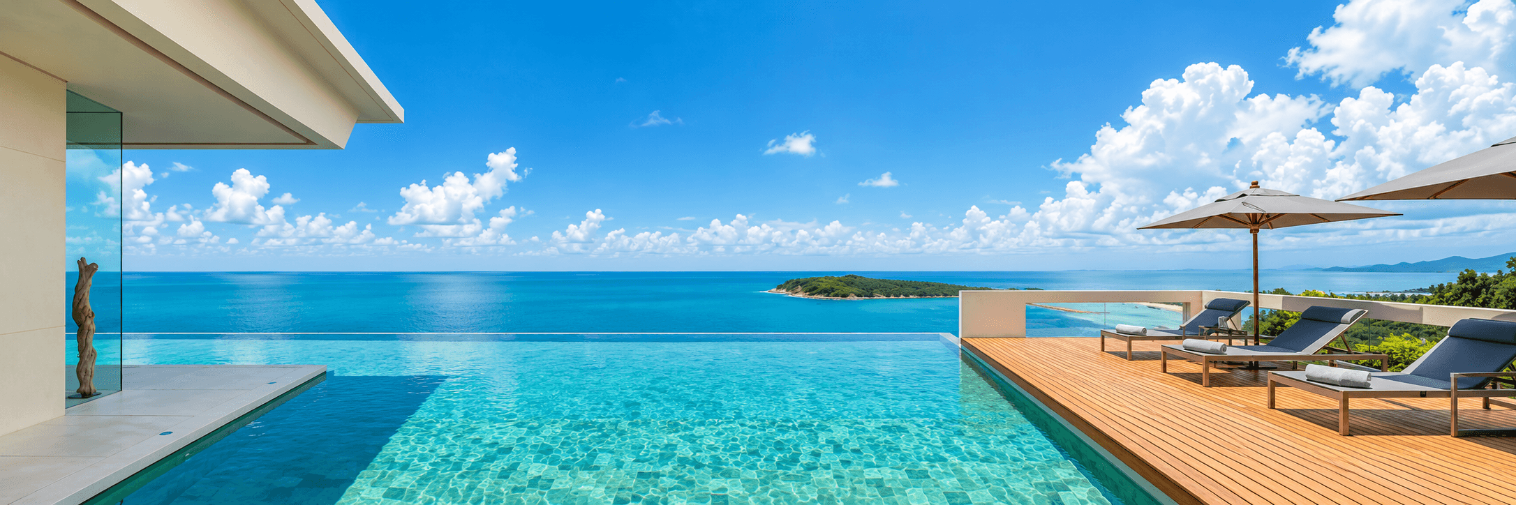 Infinity pool terrace overlooking the bay