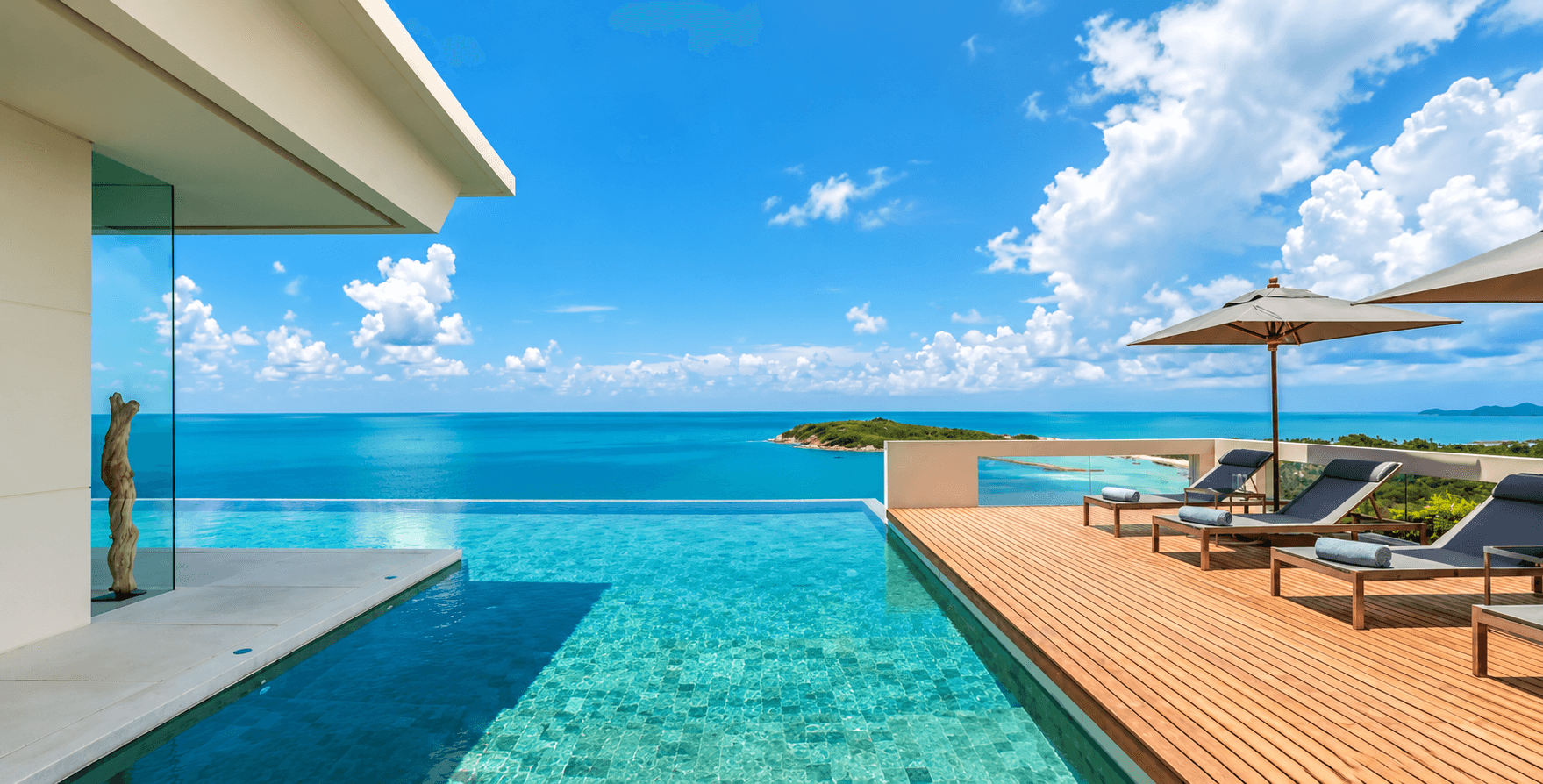 Infinity pool terrace overlooking the bay